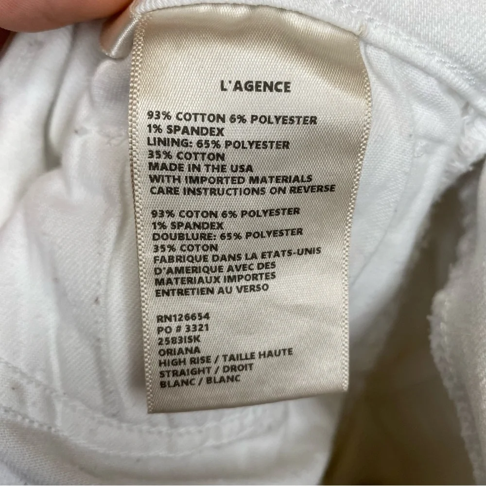 L’AGENCE Oriana High Rise Straight Leg 5-Pocket Jeans White Sz 29 - Picture 13 of 13